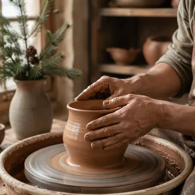 Potter Hands Shaping Clay in Morning Light
