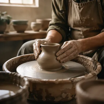 Potter Hands Shaping Clay in Morning Light