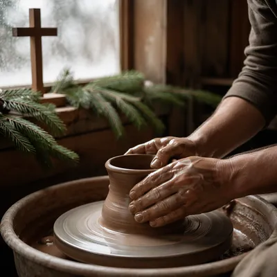 Potter Hands Shaping Clay with Evergreen Cross