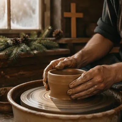 Potter Hands Shaping Clay with Evergreen Hope