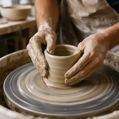Potter Hands Shaping Clay on Wheel