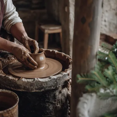 Potter Hands Shaping Clay with Evergreen Sprig