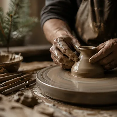 Potter Hands Shaping Clay with Evergreen