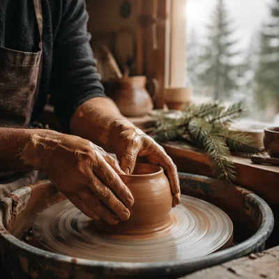 Potter Hands Shaping Clay in Rustic Studio
