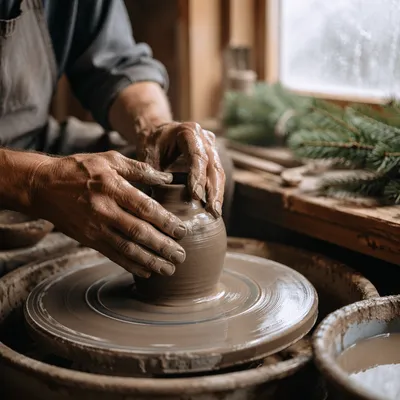 Weathered Hands Shaping Clay with Evergreen Hope
