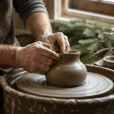 Potter Hands Shaping Clay with Evergreen Hope