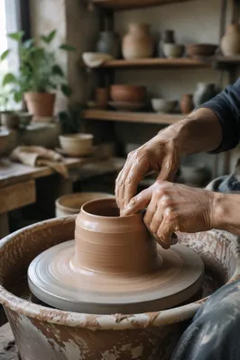 Potter Hands Shaping Wet Clay Vessel
