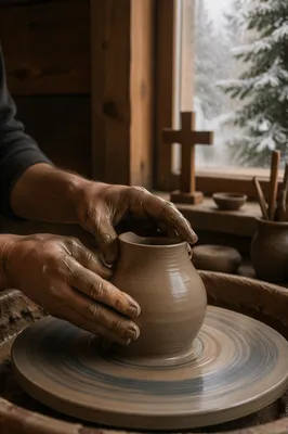 Potter Hands Shaping Clay in Winter Light