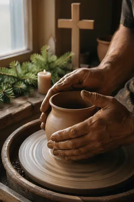 Potter Hands Shaping Clay with Evergreen Faith