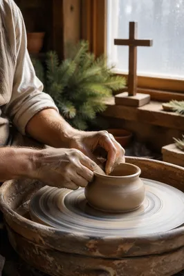 Potter Hands Shaping Clay with Cross