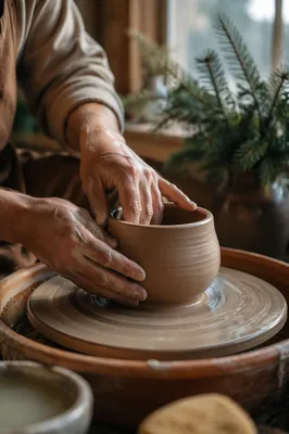 Potter Hands Shaping Clay with Evergreen Light