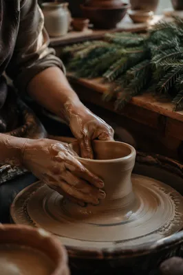 Potter Hands Shaping Clay with Evergreen