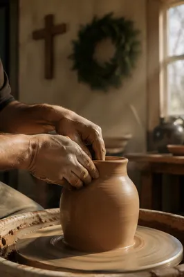 Potter Hands Shaping Clay in Winter Light
