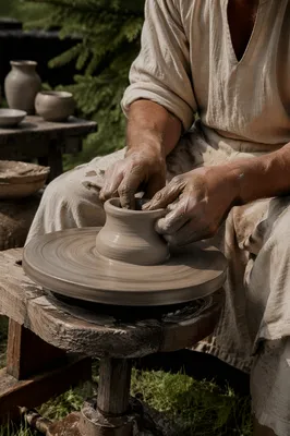 Potter Hands Shaping Clay With Evergreen Branches