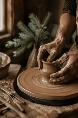 Potter Hands Shaping Clay with Evergreen Hope