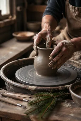 Potter Hands Shaping Clay With Evergreen