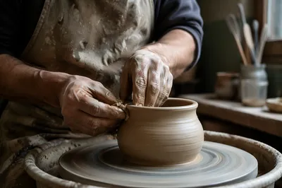 Potter Hands Shaping Clay Vessel