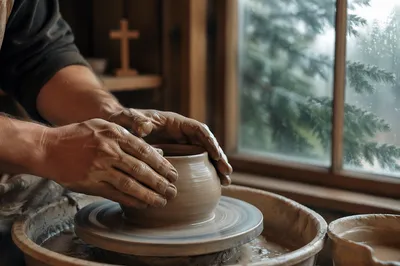 Potter Hands Shaping Clay in Rustic Workshop