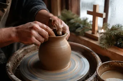 Potter Hands Shaping Clay in Winter Studio
