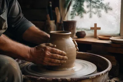 Potter Hands Shaping Clay in Rustic Studio