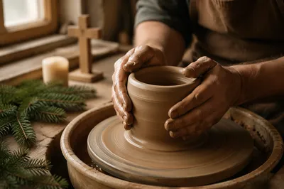 Potter Hands Shaping Clay with Evergreen