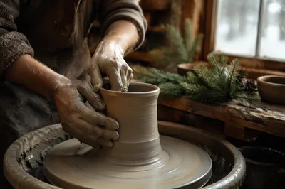 Potter Hands Shaping Clay With Evergreen