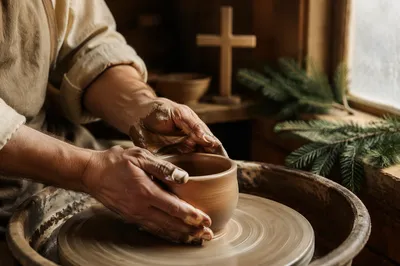 Potter Hands Shaping Clay in Faithful Workshop