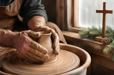 Potter Hands Shaping Clay in Winter Light