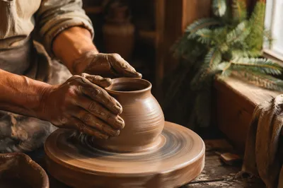 Potter Hands Shaping Clay with Evergreen Hope