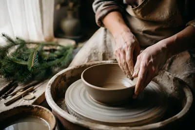 Potter Hands Shaping Clay with Evergreen Accents