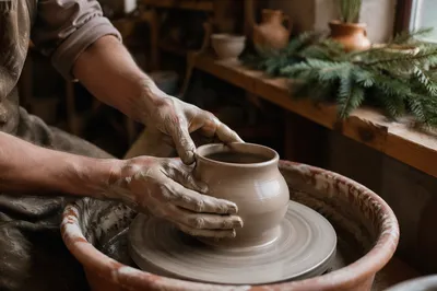 Potter Hands Shaping Clay with Evergreen