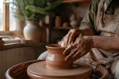 Potter Hands Shaping Clay in Morning Light