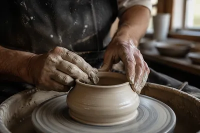 Potter Hands Shaping Clay on Wheel