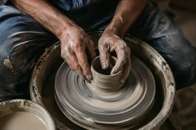 Potter Hands Shaping Clay on Wheel