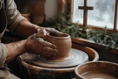 Potter Hands Shaping Clay with Evergreen Cross