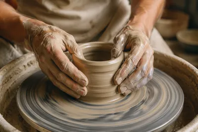 Potter Hands Shaping Clay in Warm Light