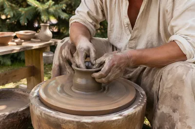 Potter Hands Shaping Clay Outdoors