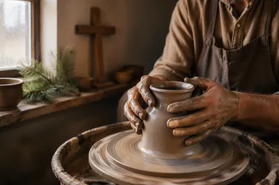 Potter Hands Shaping Clay with Evergreen Hope
