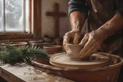 Potter Hands Shaping Clay with Evergreen