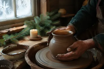 Potter Hands Shaping Clay with Evergreen