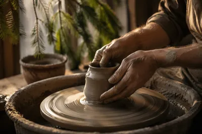 Potter Hands Shaping Clay With Evergreen Hope