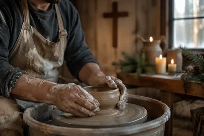 Potter Hands Shaping Clay in Christian Studio
