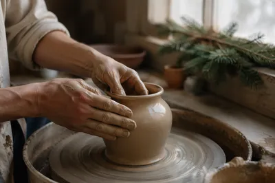 Potter Hands Shaping Clay in Morning Light