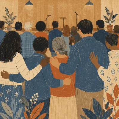 Prayer Group Holding Hands in Community Hall