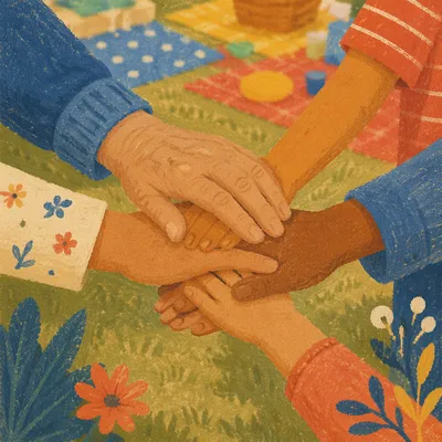 Intergenerational Prayer Hands in Sunlit Fellowship