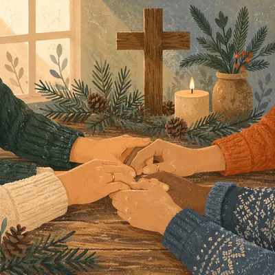 Evergreen Prayer Circle on Rustic Table