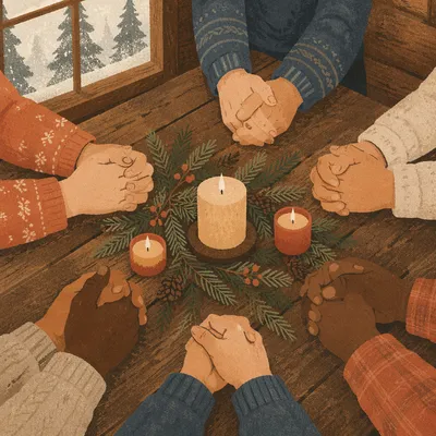 Evergreen Prayer Hands Around Candlelit Wooden Table