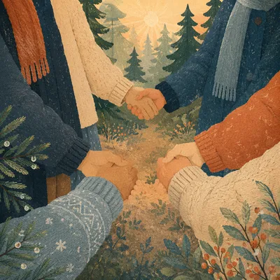 Prayer Circle Hands in Misty Evergreen Grove