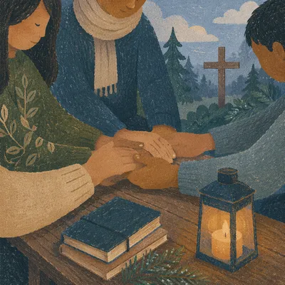 Prayer Group Hands in Evergreen Dawn