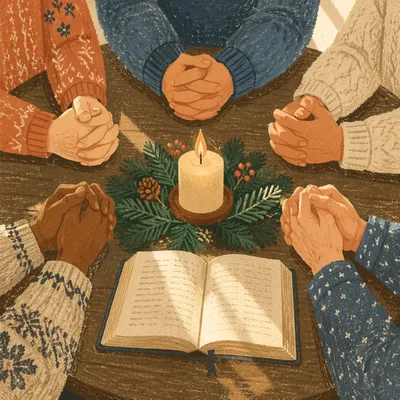 Prayer Group Hands Around Evergreen Candle